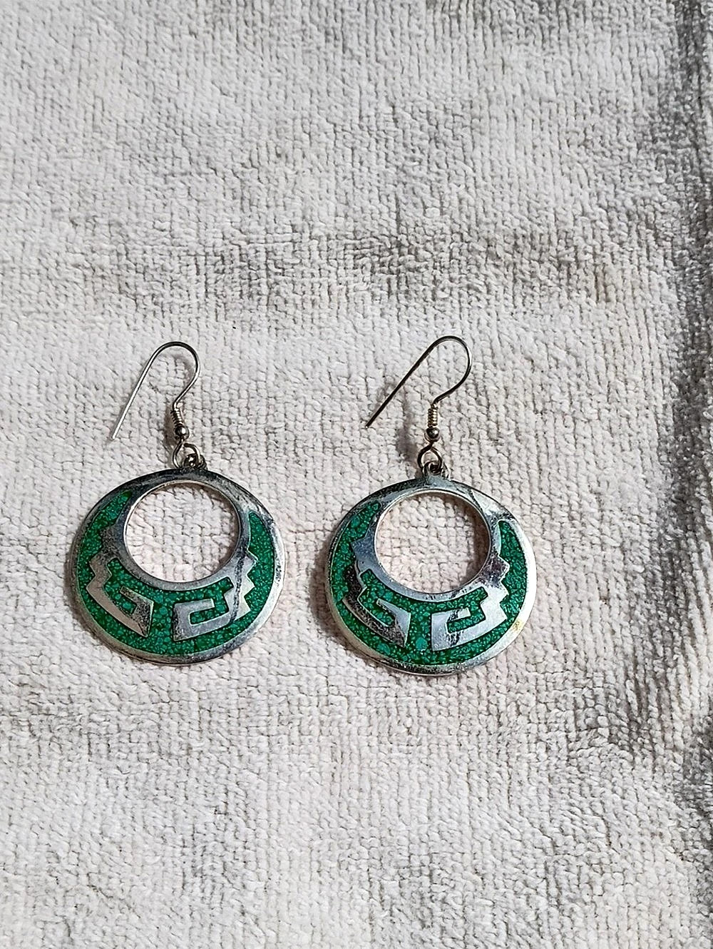 Vintage Alpaca  MexicoGreen Stone Inlay Hoop